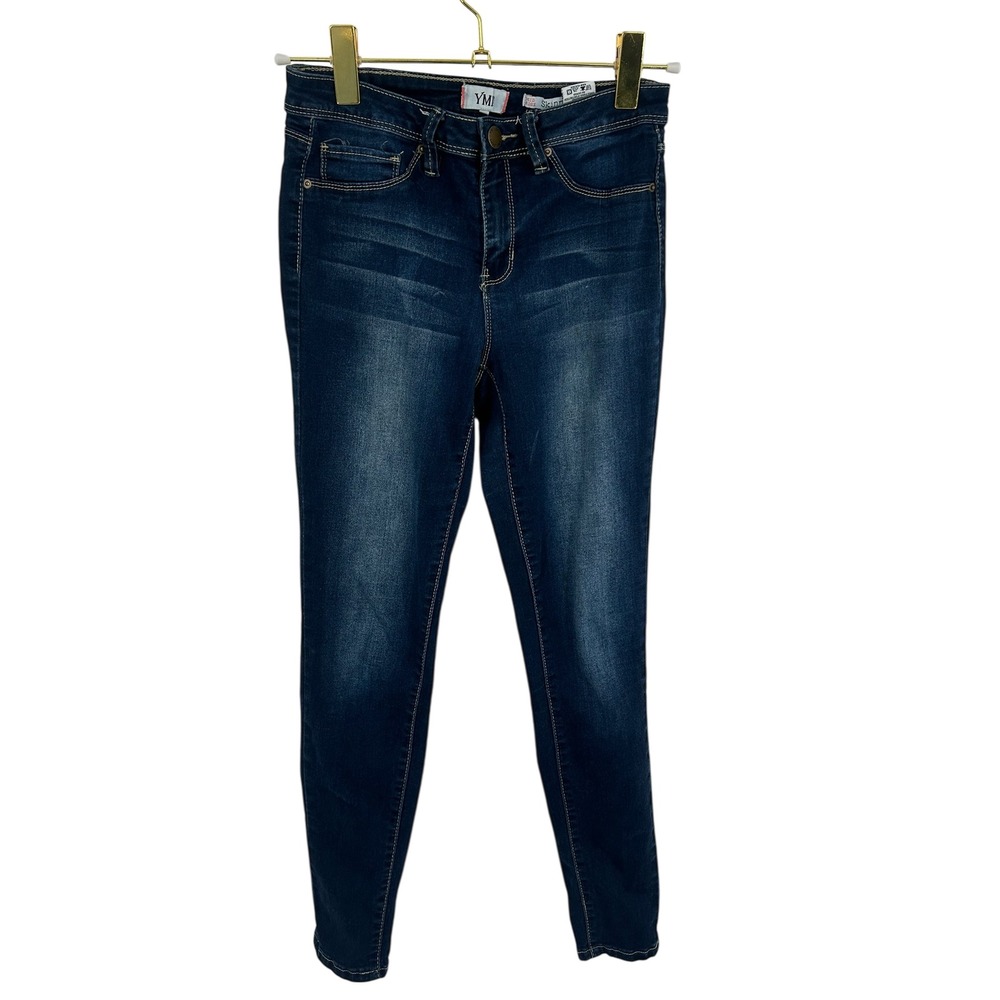 YMI Womens Mid Rise Skinny Jeans Dark Wash Blue‎ Size 7 Stretch Denim Faded